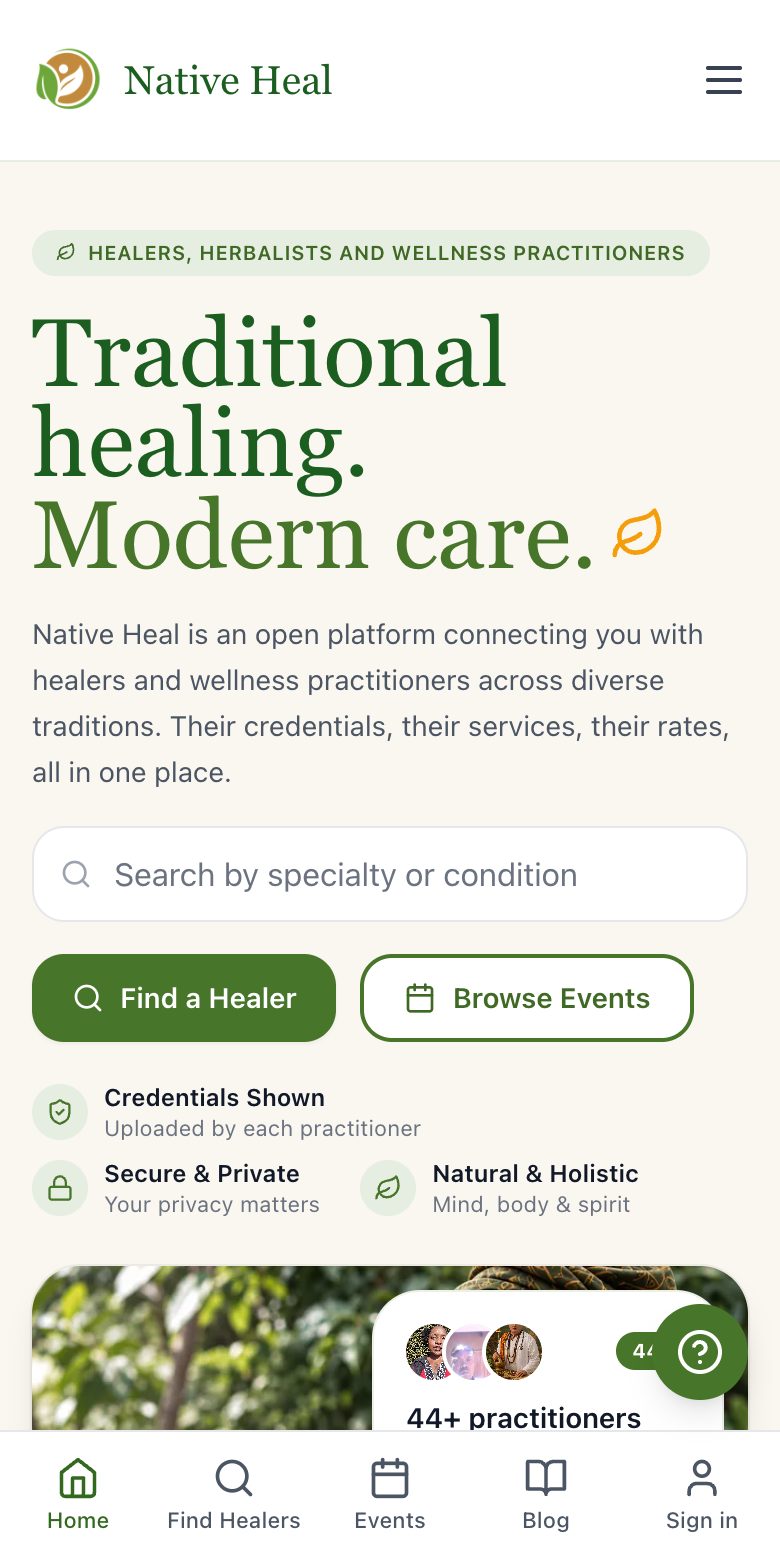 The Native Heal website on a phone